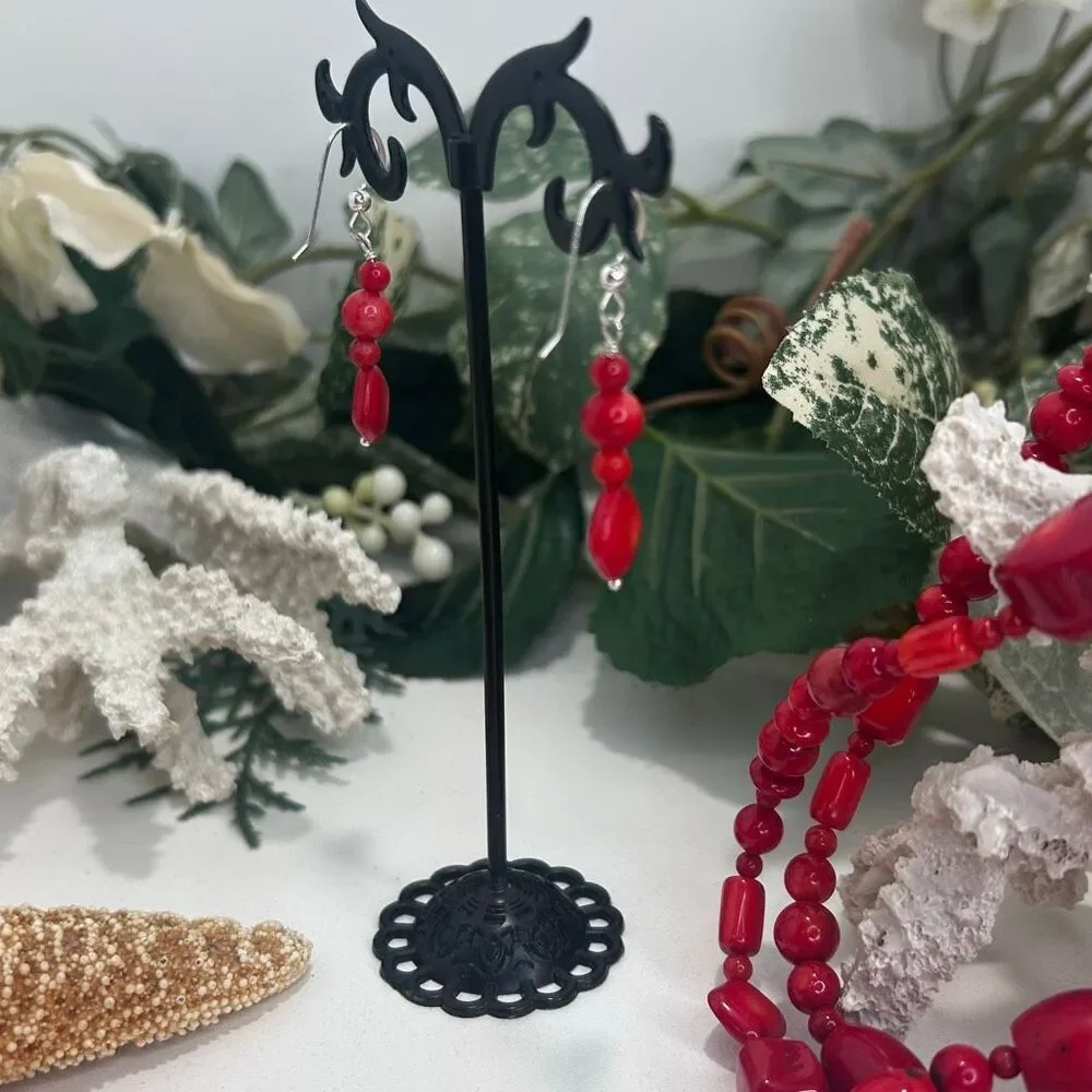 Vintage 70s Beaded Necklace Bracelet And Dangle Earrings Set Red Coral Beads